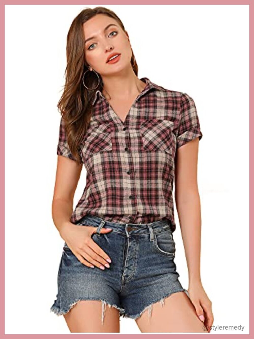 Plaid Short Sleeve Button Down Western Shirt Cotton Polyester Casual